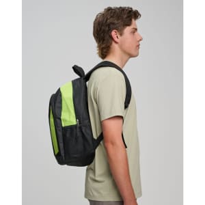 A black and lime green backpack displayed on a model, featuring a side view and a branded logo.