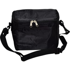 A black cooler bag with a zippered main compartment and an adjustable shoulder strap. It features a logo.