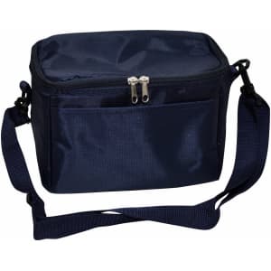 A dark navy 6 can cooler bag with a zippered closure and adjustable shoulder strap. It features a front pocket and has a logo.