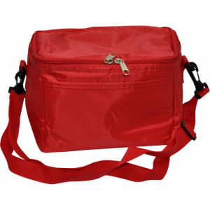 A red cooler bag with a zippered top and an adjustable shoulder strap, featuring a logo on the front.