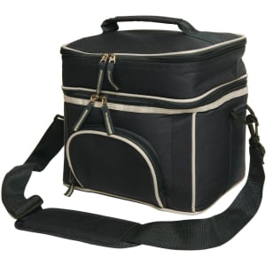 A black travel cooler bag with a double zip closure and an adjustable shoulder strap. It features a front pocket and a carry handle.