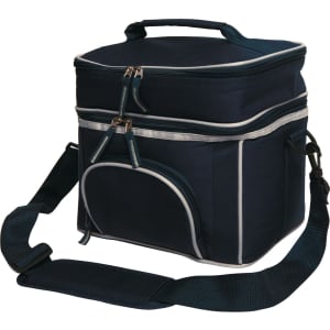 A navy blue travel cooler bag with a zippered top, adjustable shoulder strap, and front pocket. It features a logo.