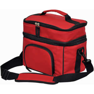 A red travel cooler bag with a black strap and zippers, featuring a front pocket and sturdy handles.
