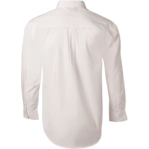 A white men's poplin long sleeve business shirt featuring a classic button-up design and a branded logo.