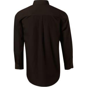A black Men's Poplin Long Sleeve Business Shirt displayed from the back, featuring a button-up design and a logo.