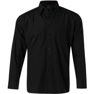 A black long sleeve button-up business shirt with a pocket and branding on the label.