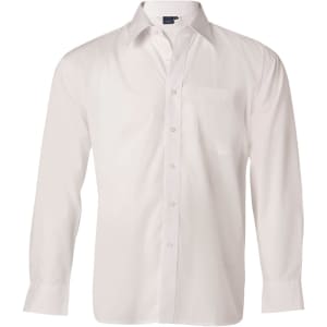 A white men's poplin long sleeve business shirt with a button-up front and a pocket on the chest.