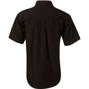 A black short sleeve button-up business shirt featuring a smooth design and a logo on the back.