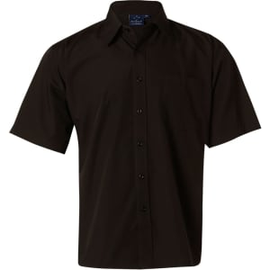 A black short sleeve button-up business shirt with a pocket and a collar, featuring a logo.