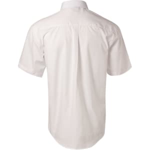 A white men's poplin short sleeve business shirt with a classic back design and a logo.