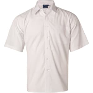 A white short sleeve business shirt with a button-up front and a chest pocket, featuring a logo.