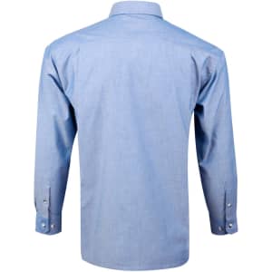 A blue men's chambray long sleeve button-up shirt, featuring a classic collar and buttoned cuffs.