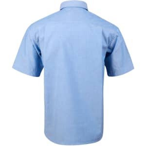 A light blue men's chambray short sleeve shirt with a collar and a logo on the back.