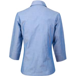 A light blue ladies' chambray shirt with 3/4 sleeves and a classic collar, featuring a logo.