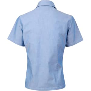 A light blue ladies' chambray short sleeve shirt with a button-up design, featuring a collar and no visible branding.