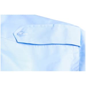 A light blue short sleeve button-up shirt featuring an epaulette detail and a button closure. Includes branding.