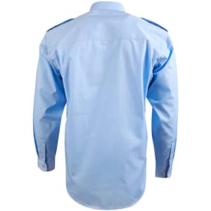 A blue long sleeve button-up shirt featuring epaulettes and a structured back. It has a logo on the collar.