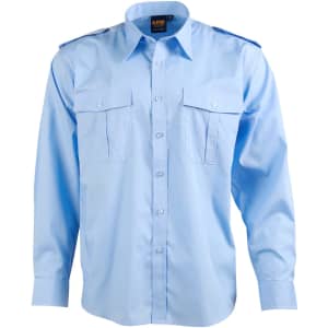 A light blue button-up shirt with epaulettes, featuring two front pockets and a logo on the collar.