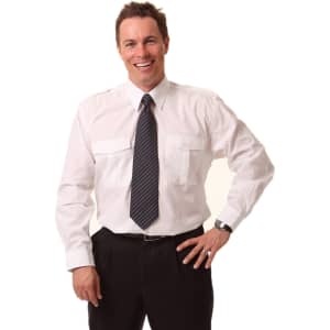 A man wearing a white long sleeve button-up shirt with epaulettes and a striped tie, posing confidently.