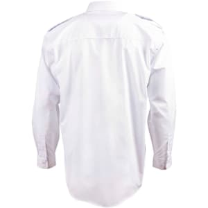 A white long sleeve button-up shirt featuring epaulette details and a back yoke. The shirt has a logo.