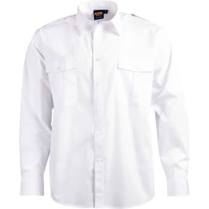 A white long sleeve button-up shirt featuring two chest pockets and a logo.