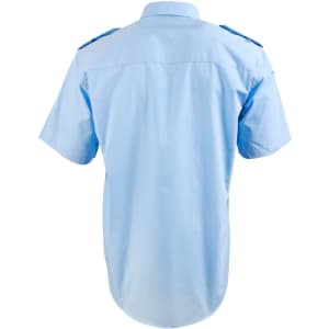 A light blue short sleeve button-up shirt with epaulettes on the shoulders and a smooth back design.
