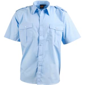 A light blue short sleeve button-up shirt featuring two chest pockets and epaulettes. It includes a logo.