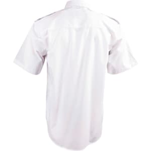 A white short sleeve button-up shirt with epaulettes and a smooth fabric texture, featuring a logo.