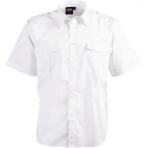 A white button-up short sleeve shirt with two front pockets and epaulettes, featuring a brand logo on the collar.