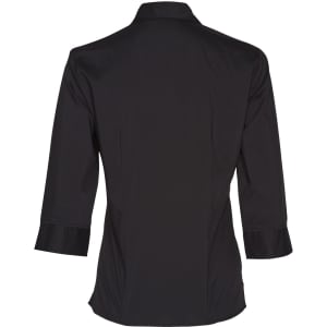 A black women's Teflon executive 3/4 sleeve shirt with a button-up design and a logo on the back.