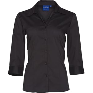 A black women's Teflon executive 3/4 sleeve button-up shirt with a collar and buttons down the front.