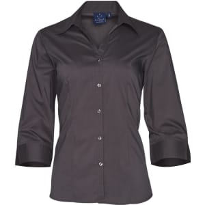 A women's dark grey 3/4 sleeve button-up shirt with a collar and branded label.