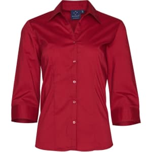 A women's red Teflon executive button-up shirt with 3/4 sleeves, featuring a collar and branding.