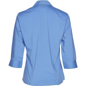 A back view of a blue women's Teflon executive 3/4 sleeve button-up shirt with a collar and rolled sleeves.