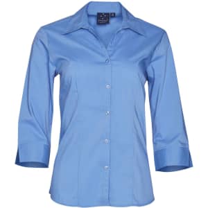 A blue women's button-up shirt with a Teflon finish and 3/4 sleeves, featuring a collar and buttons.