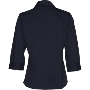 A navy women's button-up shirt with 3/4 sleeves and a collared neckline, featuring a logo.