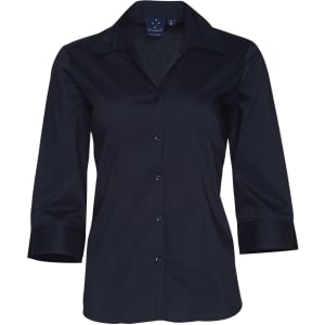 A women's black Teflon button-up shirt with 3/4 sleeves and a collar, featuring a logo.