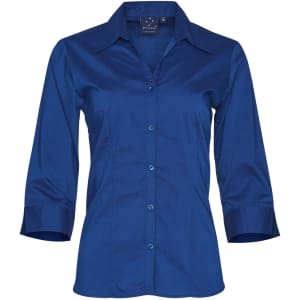 A dark blue women's 3/4 sleeve button-up shirt, featuring a collar and a logo on the inside.