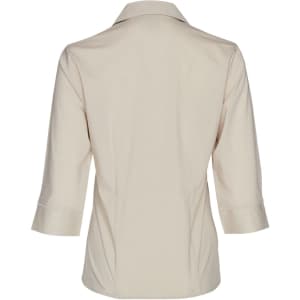 A beige women's button-up shirt with three-quarter sleeves, featuring a back view and a logo at the collar.