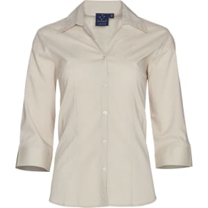 A beige women's button-up shirt with 3/4 sleeves and a collar, featuring a logo on the tag.