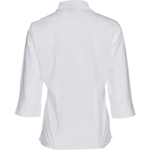 A white women's button-up shirt with 3/4 sleeves, featuring a back view and a simple design.