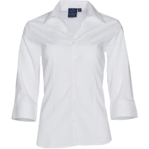 A women's white Teflon executive 3/4 sleeve button-up shirt, featuring a collar and a logo on the tag.