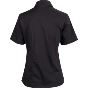 A black short sleeve button-up shirt with a fitted design and a collar, featuring a logo on the side.