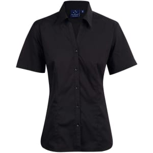 A black short sleeve button-up shirt with a collar and a logo on the tag.