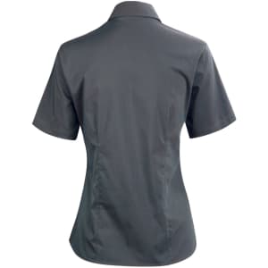 A dark grey short sleeve button-up shirt with a fitted design and a collar, featuring a logo.