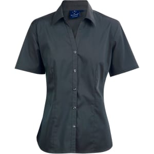 A dark grey short sleeve button-up shirt with a collar and a front button closure, featuring a logo.