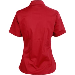 A red short sleeve button-up shirt with a fitted design and a collar, featuring a logo.
