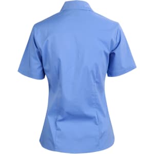 A light blue short sleeve button-up shirt with a collar, featuring a logo.