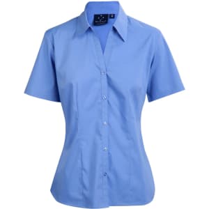 A light blue short sleeve button-up shirt with a fitted design and a branded label.