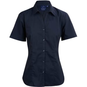 A short sleeve, button-up shirt in black with a fitted design and a collar, featuring a logo on the label.
